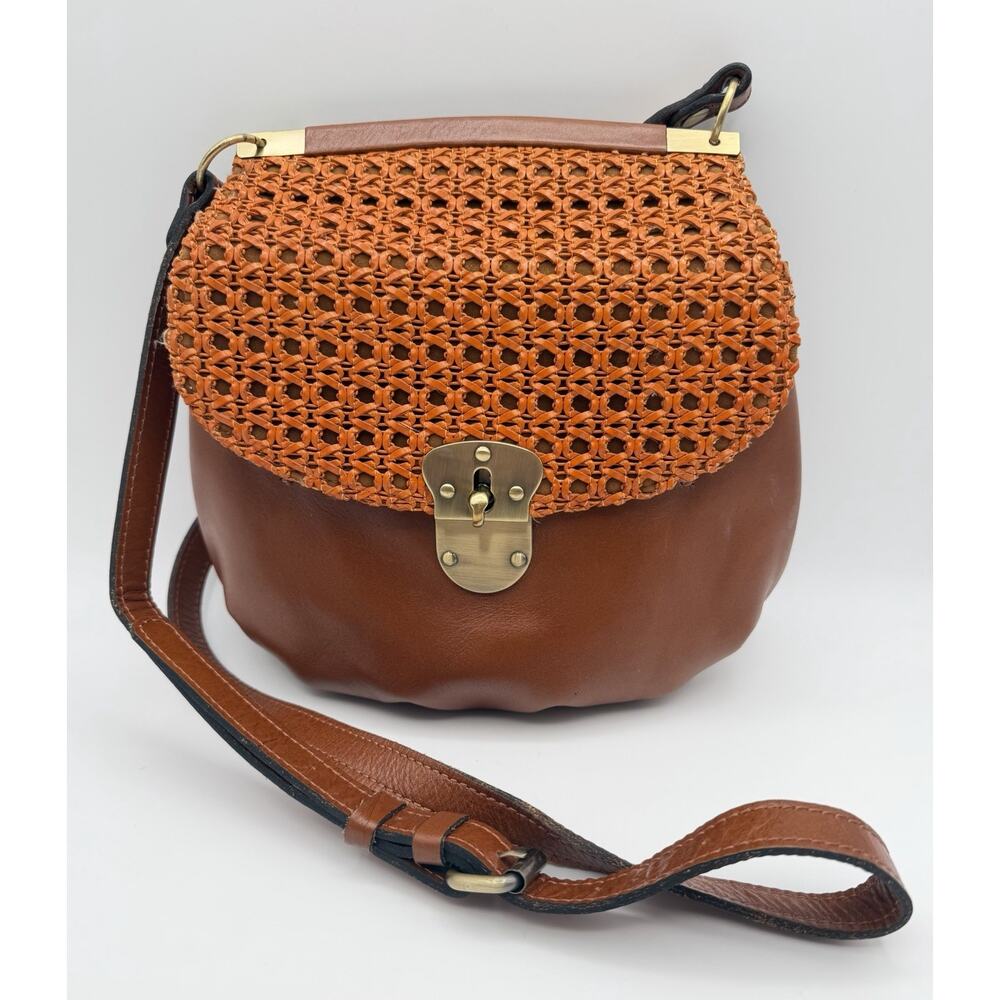 Patricia Nash Veneto Orange Looped Weave Brown Leather Crossbody Bag Purse